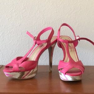 Pink size 7.5 peep toe strappy heel